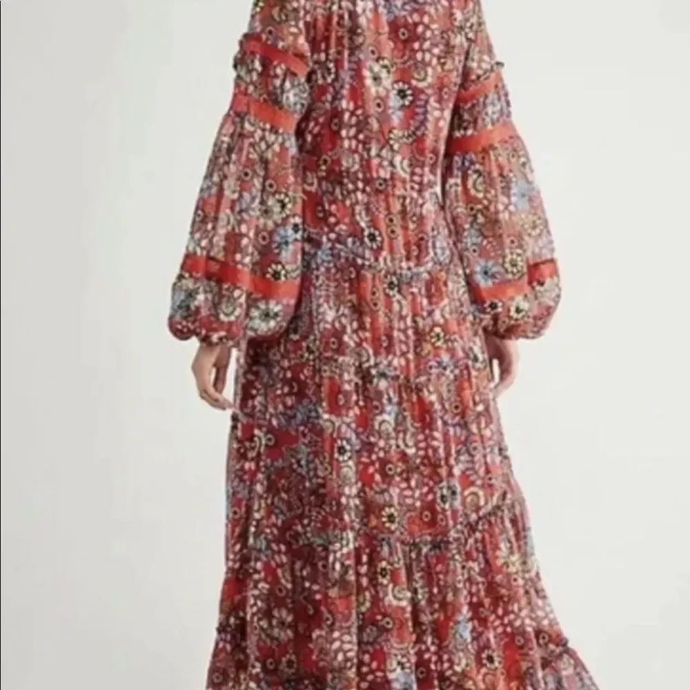 Free People Cassis Printed Chiffon Dress Tiered LinedFloral Red Pink Blue Yellow - Picture 2 of 6